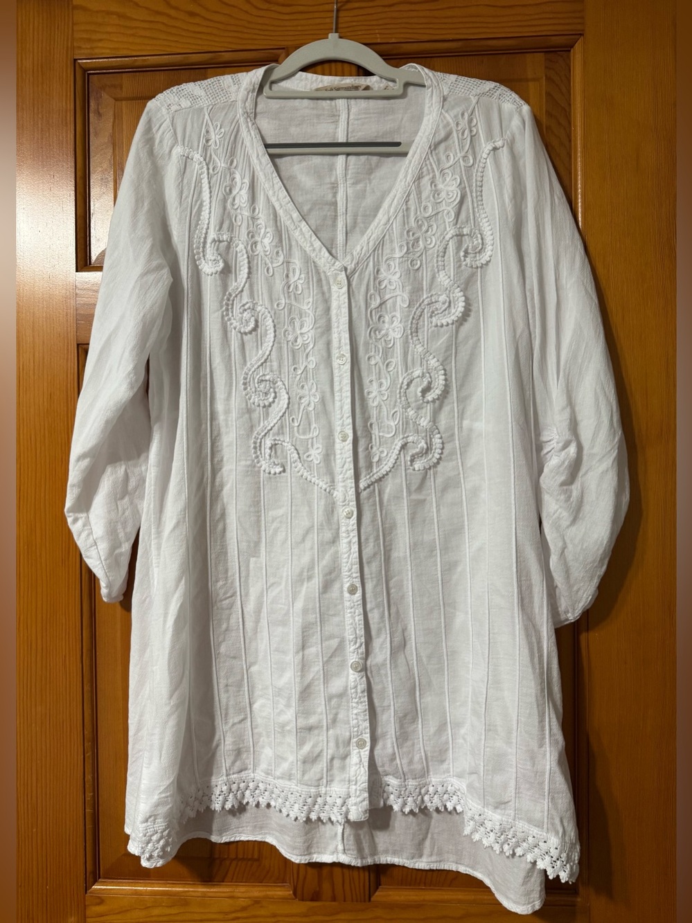 Soft Surroundings White Button-Front Embroidered V-Neck Tunic